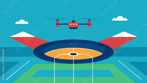 Sporting Event Vigilance A drone above a sporting arena monitoring spectator movement and security points with a view of the field below.