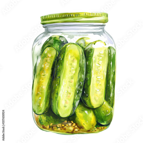 Pickled cucumbers in a jar, a watercolor illustration on a white background