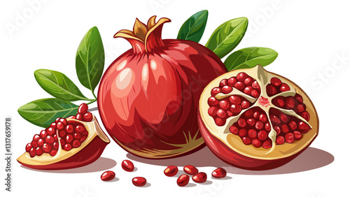 tasty pomegranate on white background with ripe fresh pomegranate seeds tilted angle