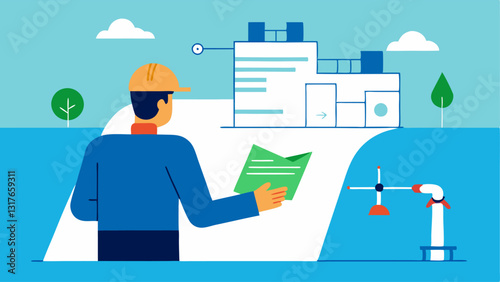 Hydro Power Planning An engineer analyzing a blueprint of a hydroelectric power plant near a river with diagrams of water flow and turbine placements.