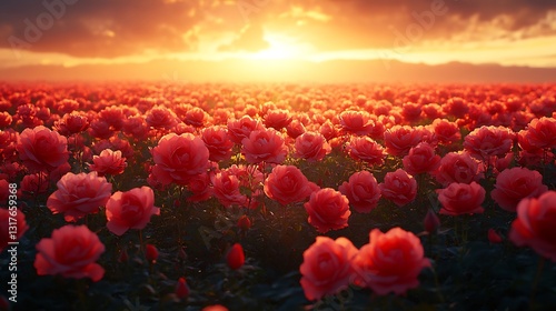 Endless field of fresh red roses viewed above Each flower displays delicate petal layers with a radiant rich hue creating a mesmerizing immersive wallpaper of vibrant natural beauty