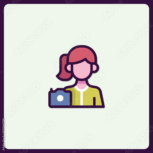 Icon illustration featuring a female photographer with camera depiction