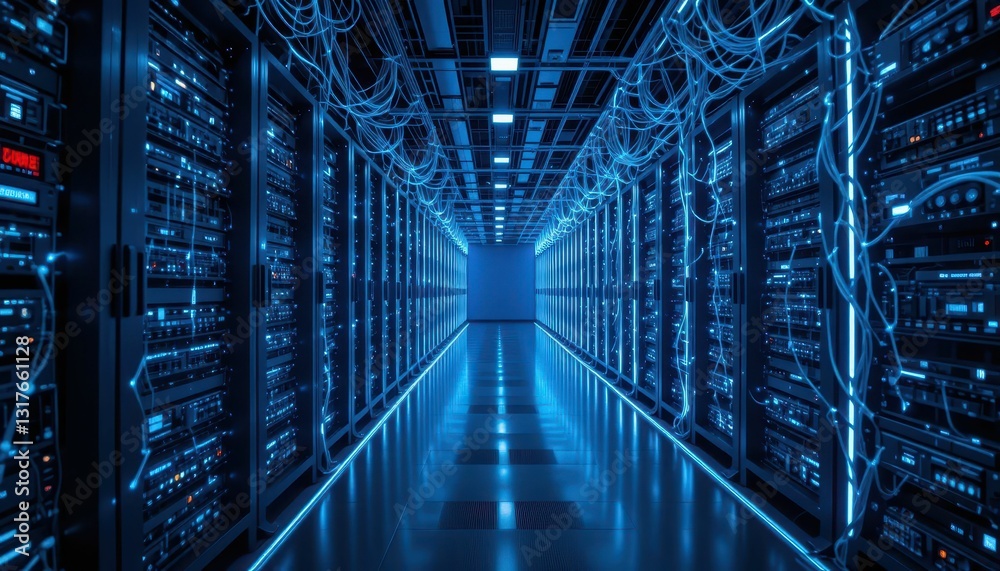 Futuristic Data Center Corridor with Glowing Blue Lights and Servers Futuristic Data Center Corridor with Glowing Blue Lights and Servers