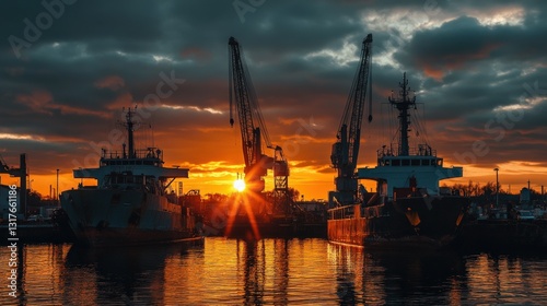 Sunset over a bustling harbor with cranes and ships silhouetted against the sky