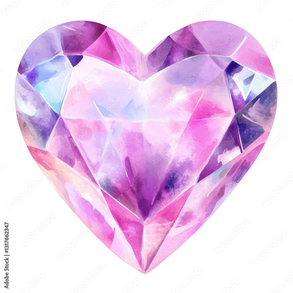 Fototapeta premium Watercolor pink and purple heart-shaped diamond, isolated on a white background
