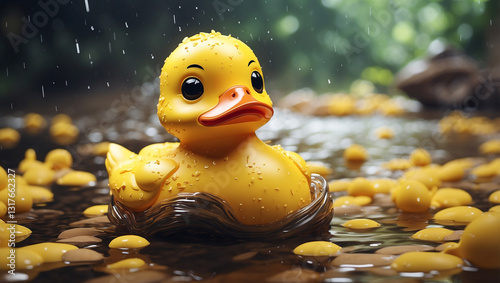 A Playful Yellow Rubber Duck Floating Cheerfully in a Bath Setting