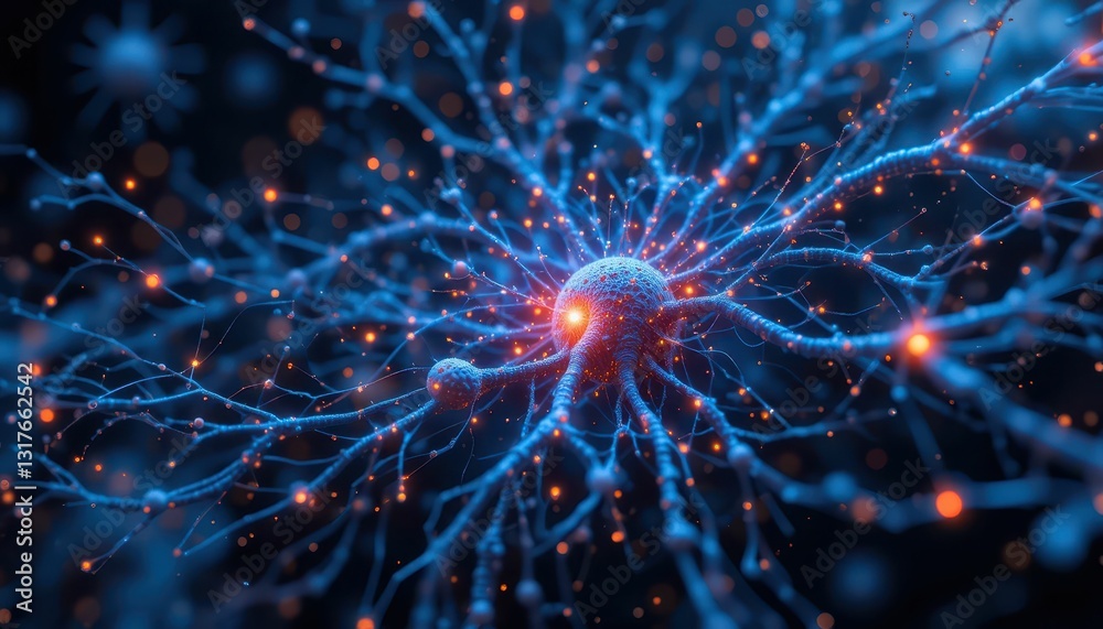 Blue and Orange Neurons with Glowing Synapses Under Microscope View Blue and Orange Neurons with Glowing Synapses Under Microscope View