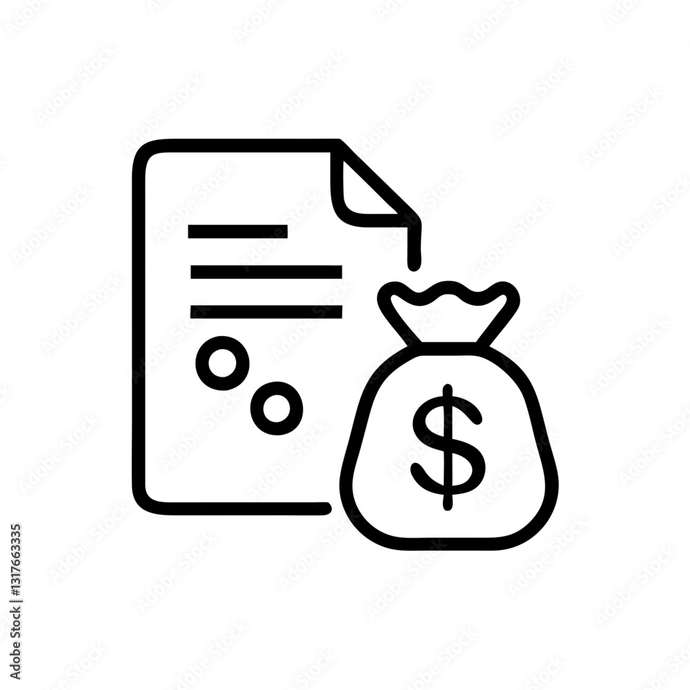 Line art tax icon featuring a document and a money bag with a dollar sign Line art tax icon featuring a document and a money bag with a dollar sign