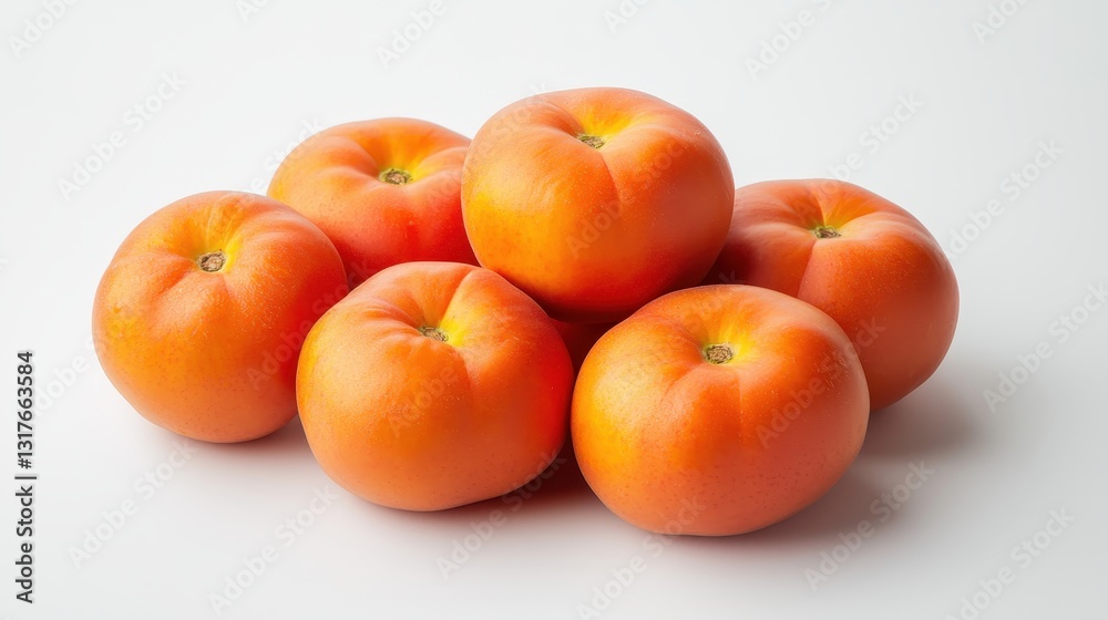 A group of six vibrant orange tomatoes arranged closely, showcasing their smooth skin and fresh appearance against a plain background.