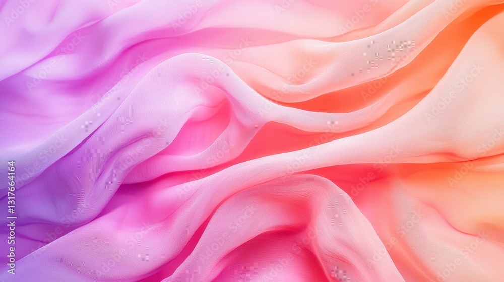 Obraz premium A vibrant, flowing fabric showcasing soft gradients of pink, purple, and orange, creating an ethereal and dreamy aesthetic.