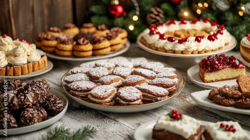 A festive display of assorted holiday desserts, including cookies, cakes, and pastries, garnished with seasonal decorations. A festive display of assorted holiday desserts, including cookies, cakes, and pastries, garnished with seasonal decorations.