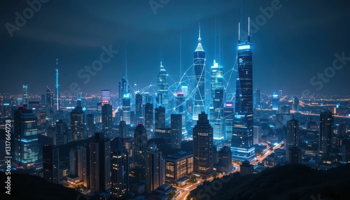 Wallpaper Mural Illuminated City Skyline at Night with Digital Connectivity Elements Torontodigital.ca