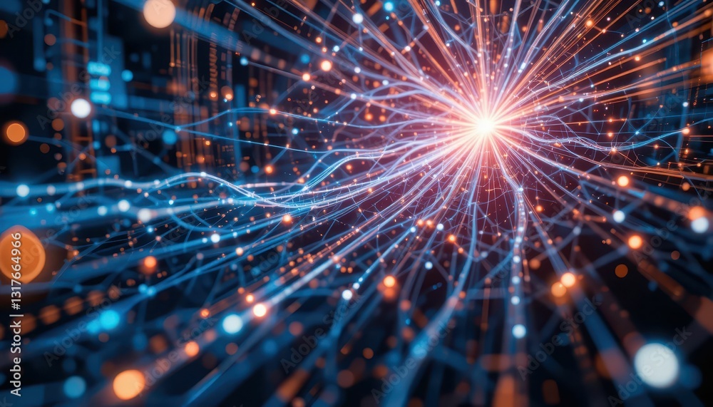 Fototapeta premium Vibrant Abstract Energy Flow with Light Particles in Dark Space