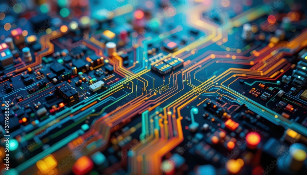 Intricate Close-Up of Colorful Circuit Board with Technology Elements Intricate Close-Up of Colorful Circuit Board with Technology Elements