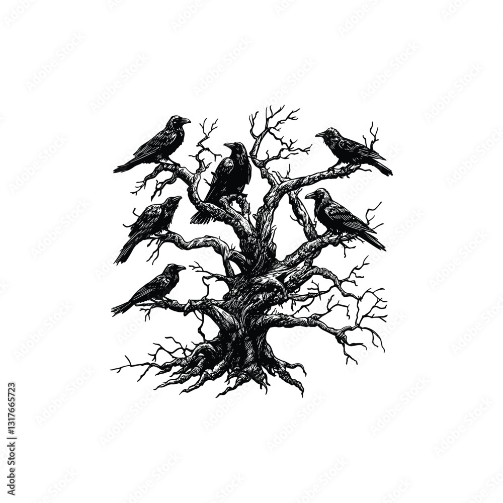 Fototapeta premium some crows perched on a dry tree design vector template illustration