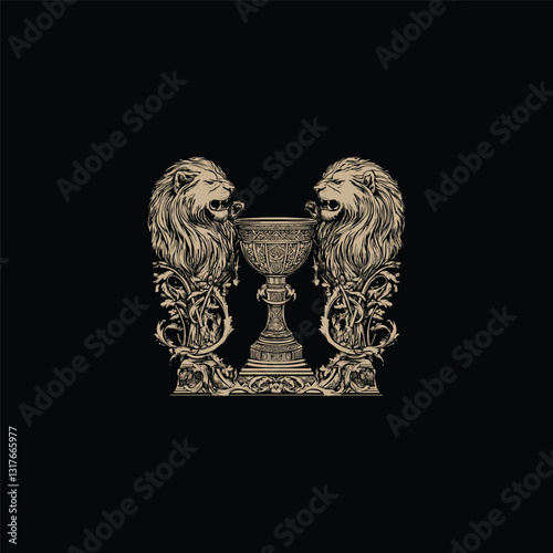 Holy grail guarded by two lion design vector template illustration