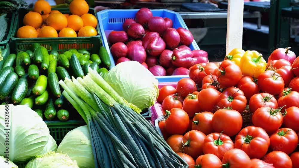 Gemüse und Obst auf einem Markt bei schönem Wetter