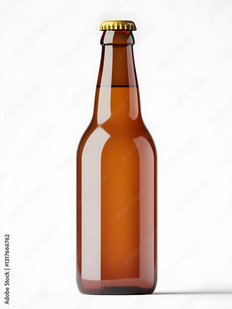 Brown glass beer bottle with a golden cap standing against a plain white background showcasing bar Brown glass beer bottle with a golden cap standing against a plain white background showcasing bar