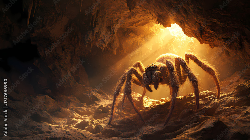 Fototapeta premium A large arachnid emerges from a dark cavern, illuminated by a radiant sunbeam, its hairy legs poised on rough terrain. Radiant Shadows. Illustration