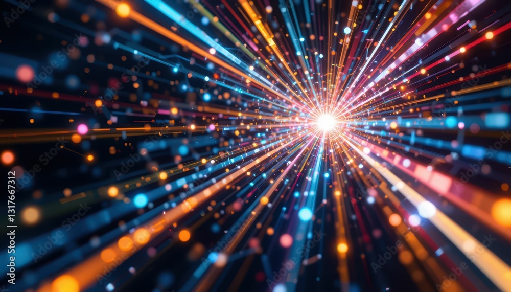 Colorful Light Burst with Rays and Particles in Abstract Space