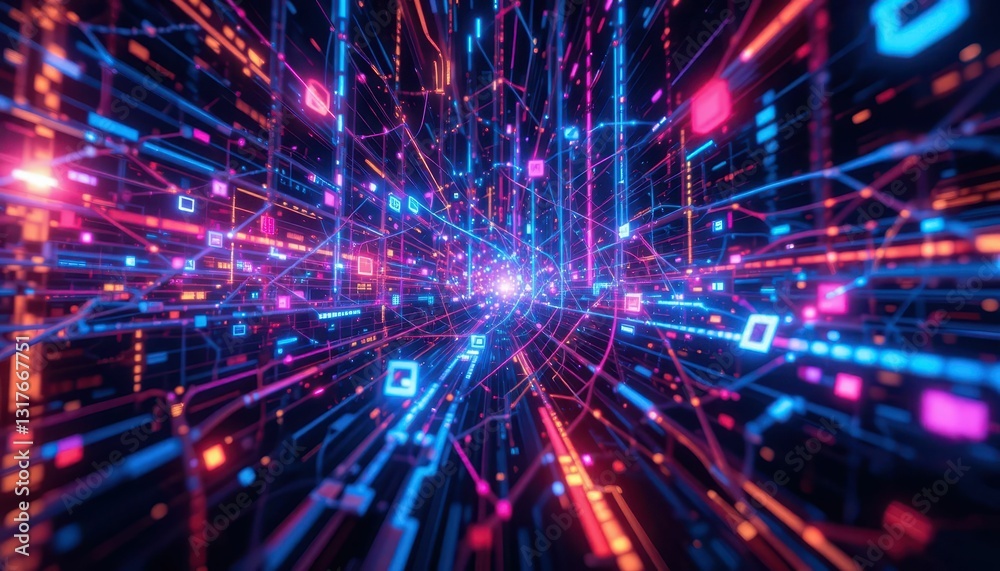 Abstract Digital Network with Bright Glowing Lines and Squares Abstract Digital Network with Bright Glowing Lines and Squares