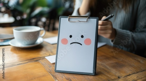 sad face drawn on a clipboard sits on a wooden table in a cafe, symbolizing negative customer feedback