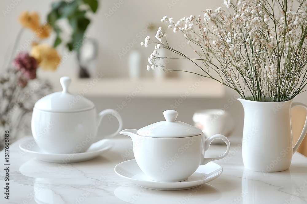Elegant White Porcelain Tea Set with Flowers Elegant White Porcelain Tea Set with Flowers
