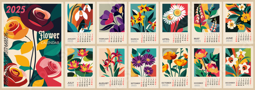 Floral calendar template for 2025 . Vertical design with birth month flowers. Vector illustration page template A3, A2 for printable wall monthly calendar. Week starts on Sunday.