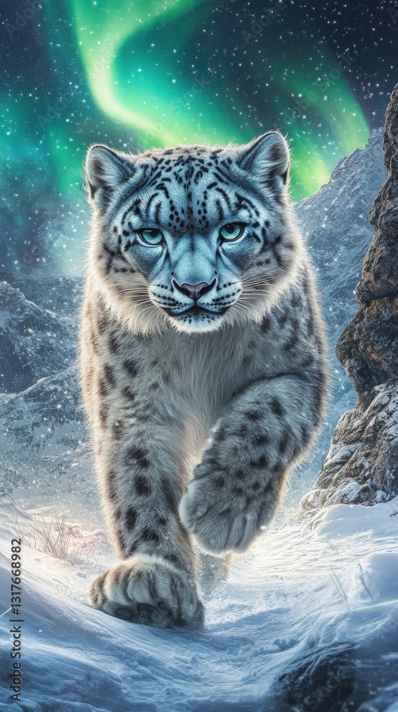 Fototapeta premium Generic animal walking towards the camera in snowy mountains under the aurora borealis