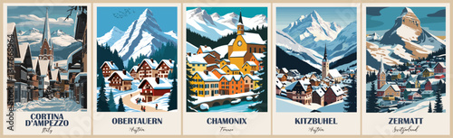 Set of Ski Travel Posters in retro style. Switzerland, Italy, France, Austria digital prints. Winter holidays, active lifestyle. Vintage vector colorful illustrations. 