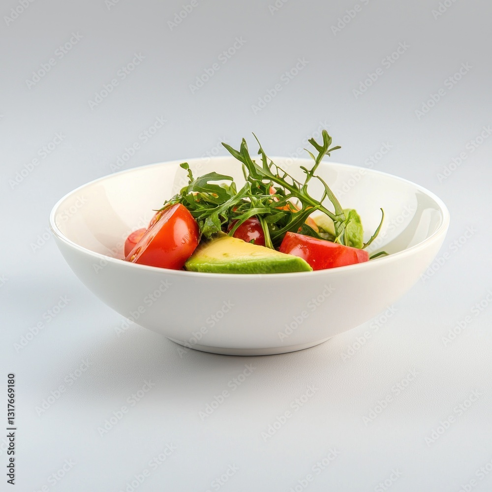 Salad bowl fresh greens, tomatoes, and avocado in a white ceramic bowl, isolated on a light backdrop