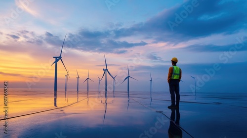 worker contemplates a renewable energy future, overlooking a serene sunset reflecting on a vast expanse of water