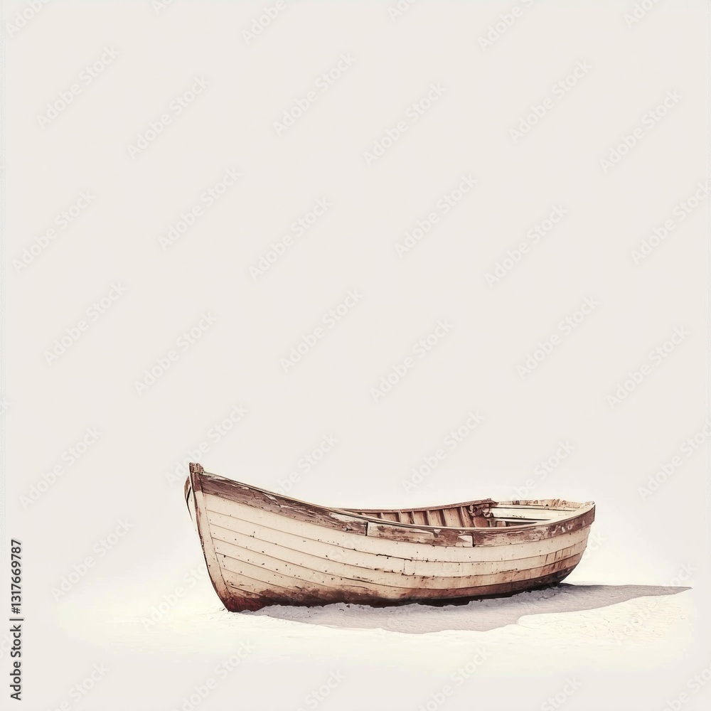 A wooden boat resting on the sandy ground, simple yet peaceful A wooden boat resting on the sandy ground, simple yet peaceful