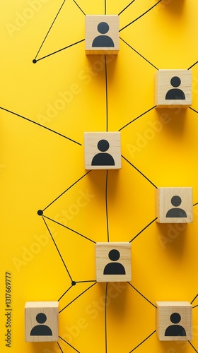 A minimalist yellow backdrop features black lines that link icons of individuals positioned on wooden blocks, symbolizing social network connections and the interplay of human emotions within