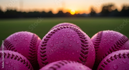 Pink Softball Group with Water Droplets at Sunset on Field