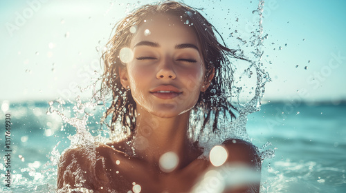 Stunning cinematic shot of a beautiful woman emerging from the crystal-clear ocean, water cascading off her body as she flips her wet hair back, captured in golden sunlight. Perfect for use in adverti