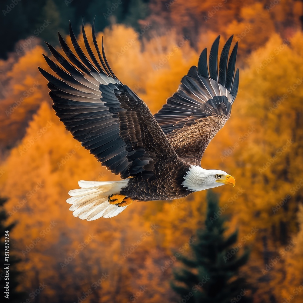 Naklejka premium Majestic bald eagle in flight, wings spread wide, against a backdrop of vibrant autumnal foliage. Golden, orange, and brown fall colors are prominent, creating a beautiful autumnal scene. Wildlife