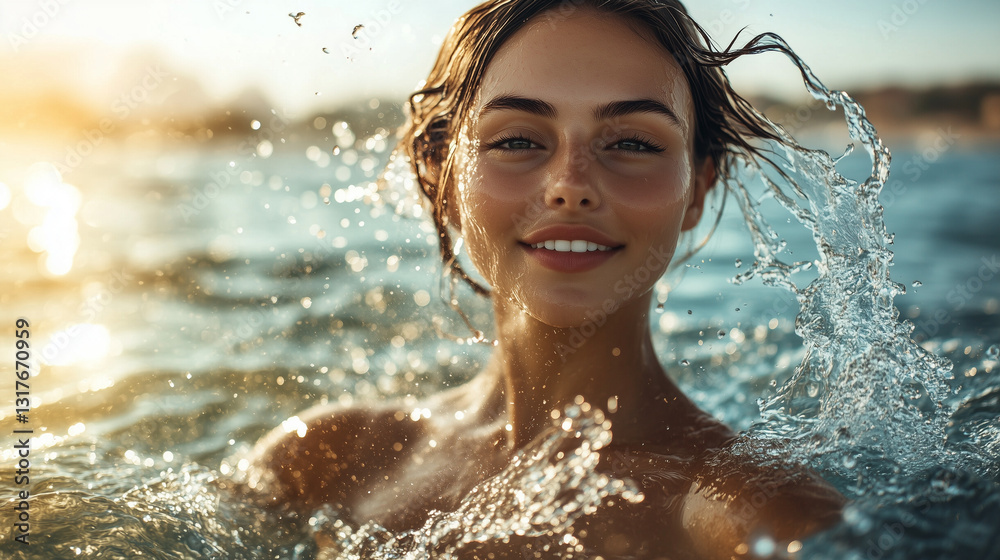 Obraz premium Stunning cinematic shot of a beautiful woman emerging from the crystal-clear ocean, water cascading off her body as she flips her wet hair back, captured in golden sunlight. Perfect for use in adverti