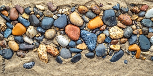 Colorful stones line on sandy beach