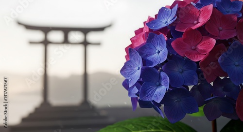 Hydrangea Blooms with a Gate in the Background During Sunrise
