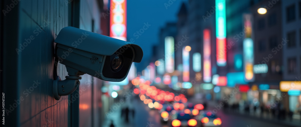 Surveillance Camera Overlooking a Bustling City Street at Night Surveillance Camera Overlooking a Bustling City Street at Night