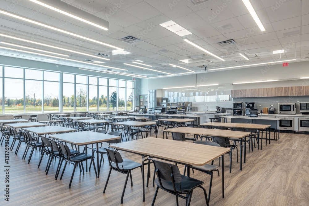 Bright, spacious cafeteria with tables, chairs, and large windows. Light flooring Bright, spacious cafeteria with tables, chairs, and large windows. Light flooring