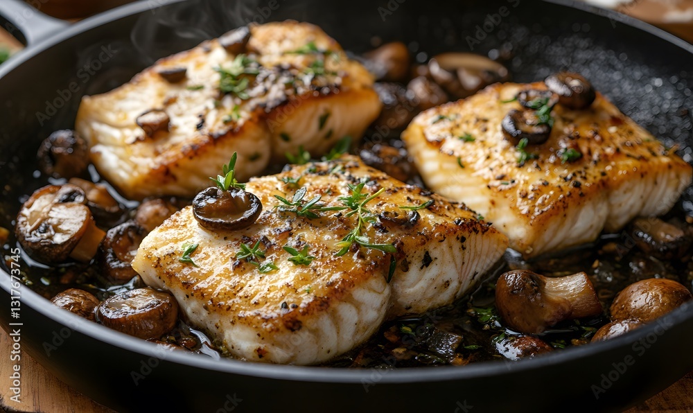 Pan-Seared Cod Fillets with Sauteed Mushrooms and Fresh Herb Garnish Pan-Seared Cod Fillets with Sauteed Mushrooms and Fresh Herb Garnish