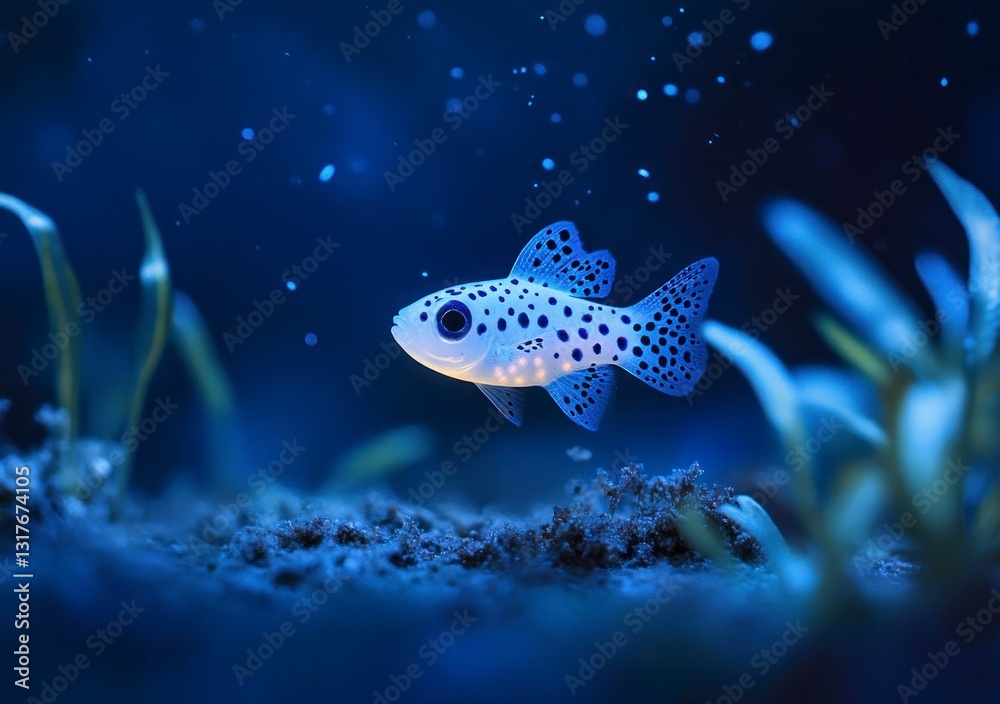 Naklejka premium Spotted Fish Swimming in Deep Blue Water Among Seaweed and Bubbles