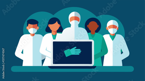 Team in Action A diverse group of forensic team members wearing lab coats and gloves huddled around a laptop displaying a 3D model of a crime scene.