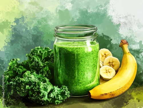 A vibrant green smoothie in a clear jar sits beside fresh ripe bananas and healthy kale leaves on a soft textured background showcasing a rich green color indicating freshness and health photo