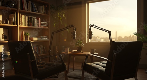 Podcast Studio Setup with Microphones, Armchairs, and City View