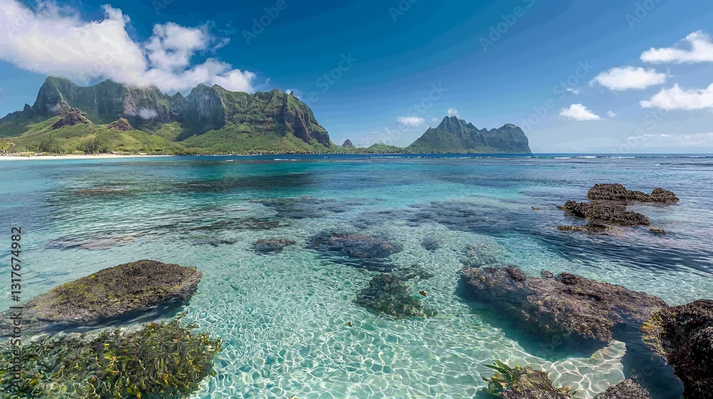 Obraz premium Tranquil Tropical Beach Scene with Crystal Clear Water and Rocky Shore