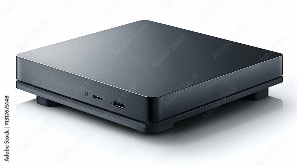 Sleek black media streaming device on white background; home entertainment setup Sleek black media streaming device on white background; home entertainment setup