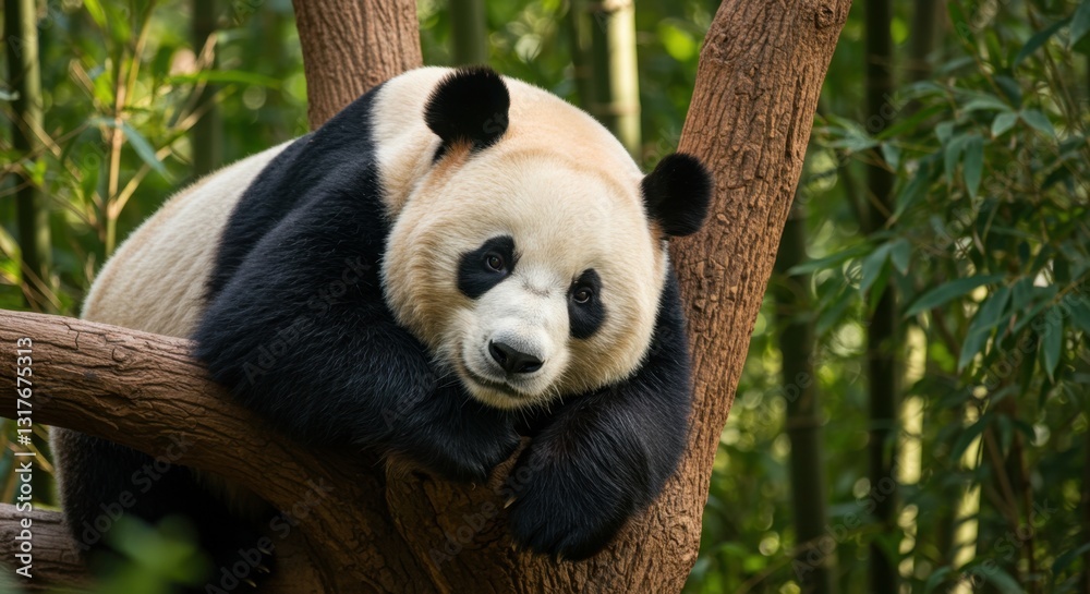 Obraz premium Panda Resting Against a Tree in Sunlight